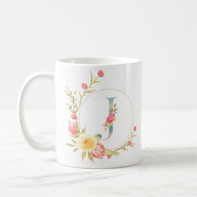 Inledande blommigt brev J blommigt ram Kaffemugg (Vänster)