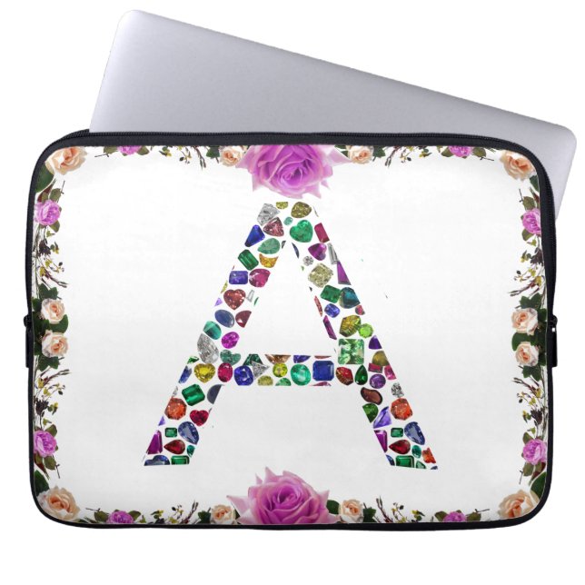 Inledande Brev A med Gemstone Blommigt Monogram Laptop Fodral (Framsidan)