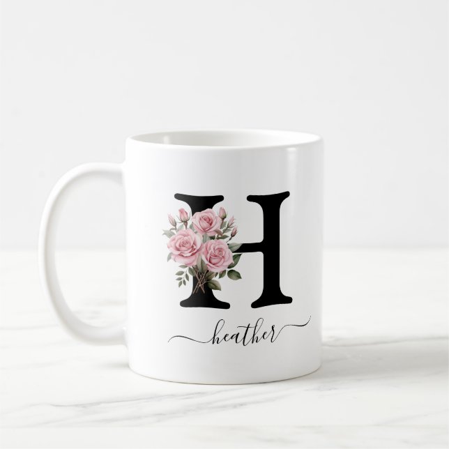 Inledande H Monogram Blommigt Flower Rosa ros Mugg (Vänster)