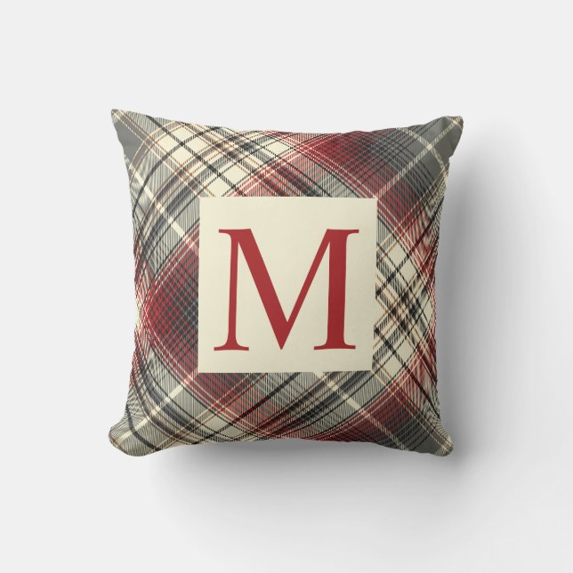 Inledande inledande Tartan Grått Red Monogram Kudde (Framsida)