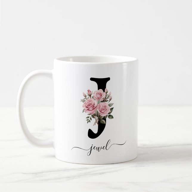 Inledande J Monogram Blommigt Flower Rosa ros Mugg (Vänster)