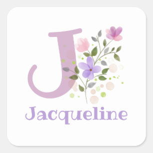 Inledande J Plus Namn Jacqueline & Flowers Design Fyrkantigt Klistermärke