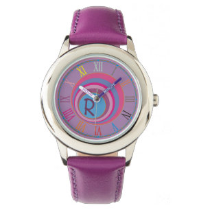 Inledande monogram Lila Rosa Blue Clock Art Girly Armbandsur