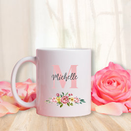Inledande monogram skript Namn Watercolor Flowers Kaffemugg