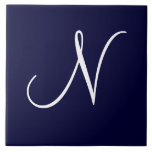 Inledande Navy Blue & White Monogram N Kakelplatta<br><div class="desc">Blå och vit monogram Initial N, vit brev N med marin blå bakgrund</div>