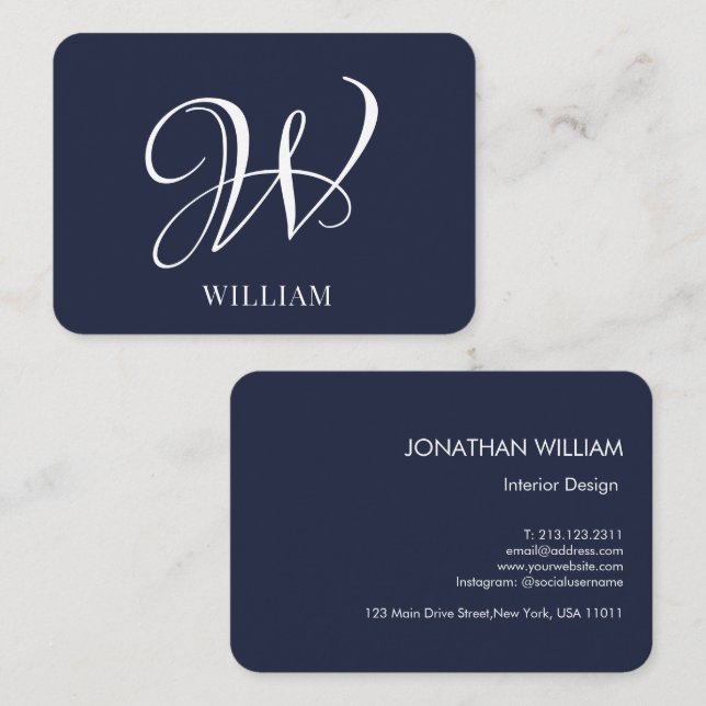 Inledande Personlig Elegant Navy BlueMonogram Visitkort (Fram/baksida)