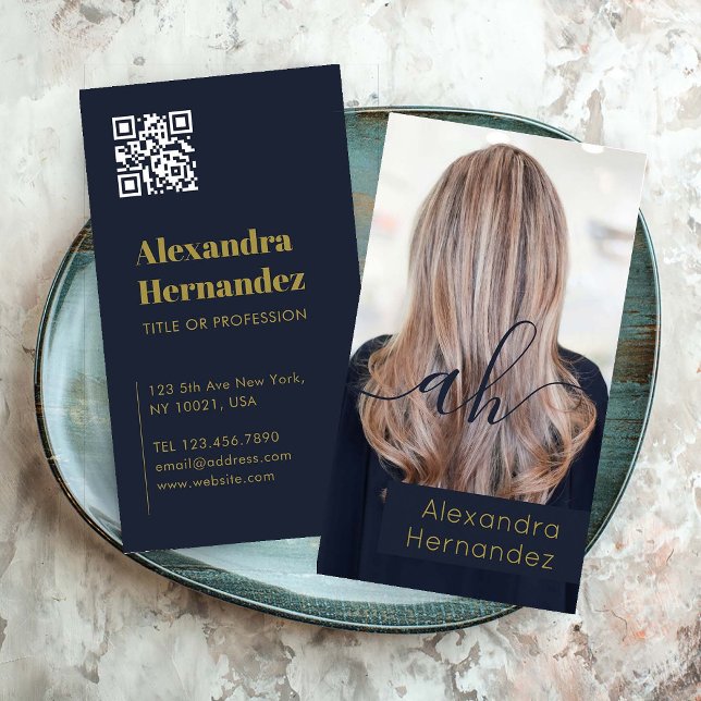 Inledande QR-kod för foto för blått hårfäste i gul Visitkort (Gold Navy Blue Hair Makeup Photo Initial Qr Code Business Card)