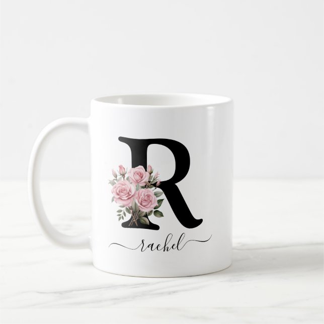 Inledande R Monogram Blommigt Flower Rosa ros Mugg (Vänster)