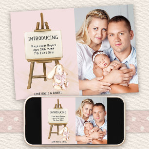 Inledning av Easel & Bunny Photo Flicka Birth Meddelande