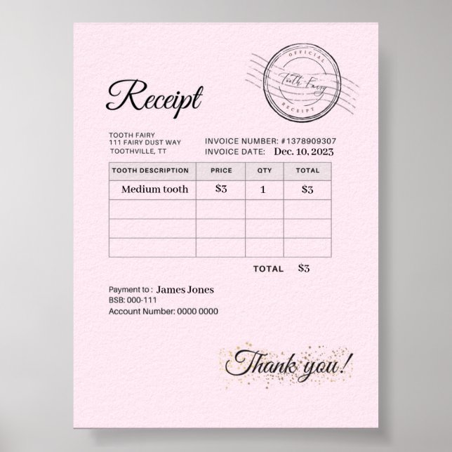 Inleverans av officiell Tand Fairy Pillow Money Poster (Framsidan)