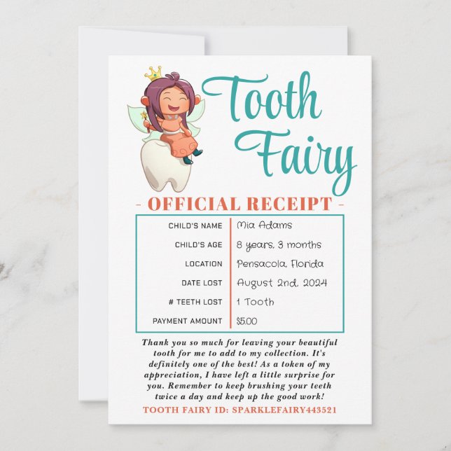 Inleveranscertifikat för officiell Tooth Fairy Inbjudningar (Framsida)