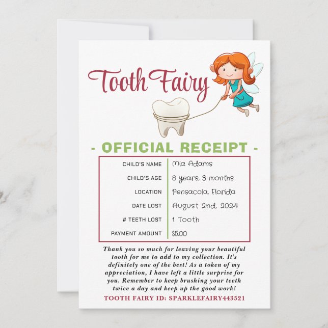 Inleveranscertifikat för officiell Tooth Fairy Inbjudningar (Framsida)