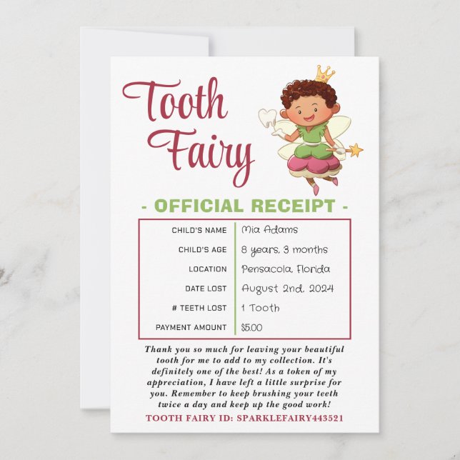 Inleveranscertifikat för officiell Tooth Fairy Inbjudningar (Framsida)