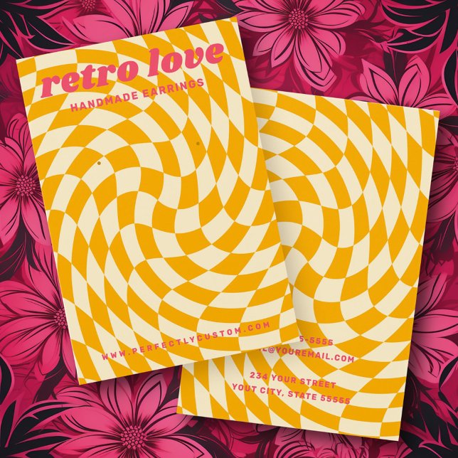 Inloggningskort för virvelpåfyllnadskontroll för g visitkort (Retro checkerboard swirl wave yellow earring card)