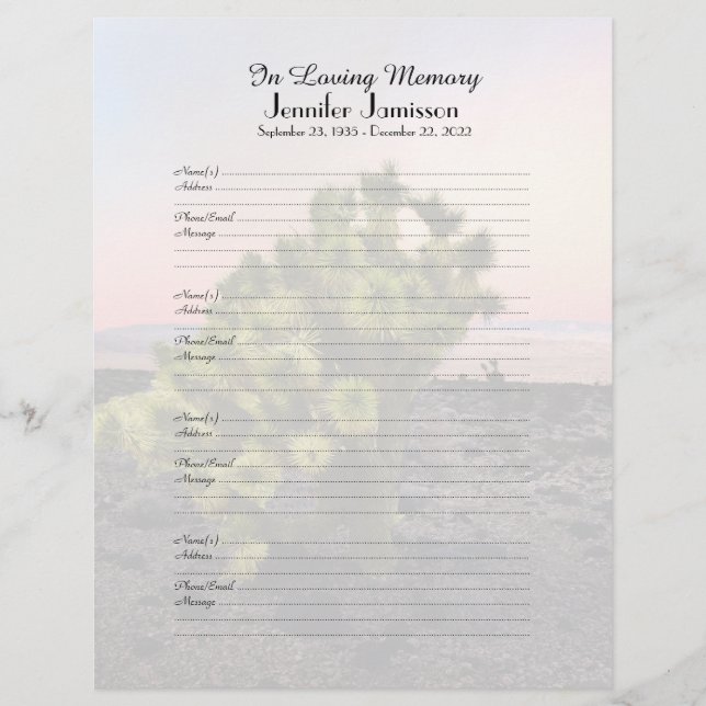 Inloggningssidan för Memorial Bok - Joshua Träd (Framsida)