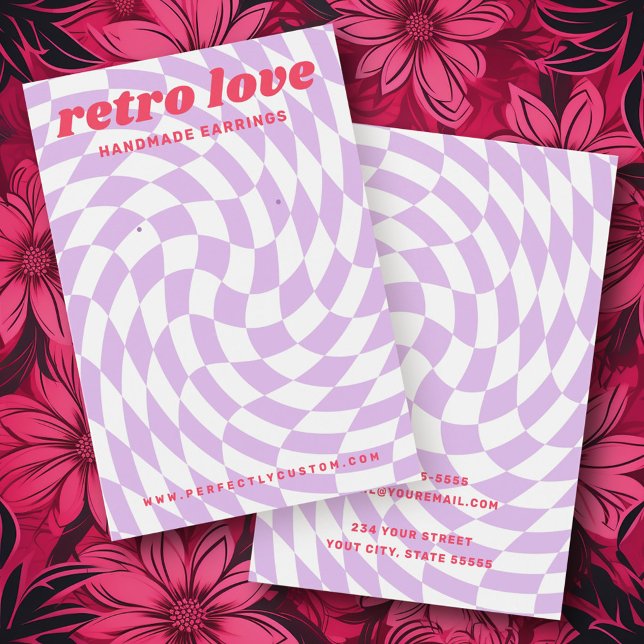 Inlösningskort för virvelpåfyllnadskontroll för li visitkort (Retro checkerboard swirl wave purple earring card)