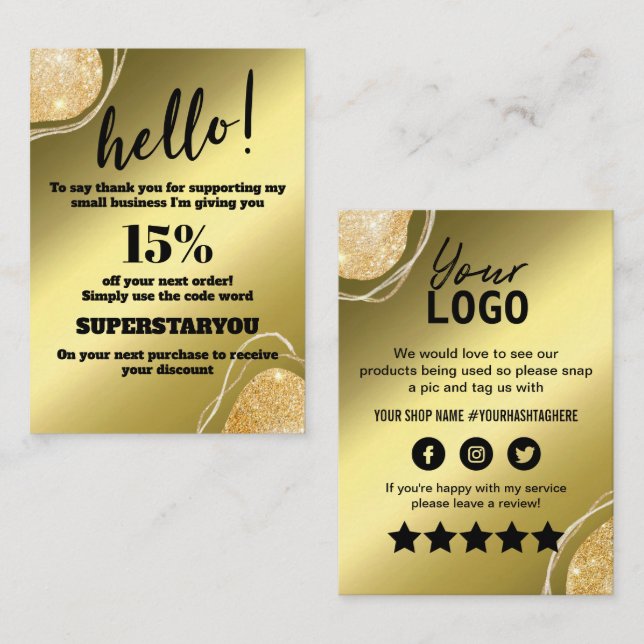 Inmatningskort för Guld Glitter Tack Visitkort (Fram/baksida)