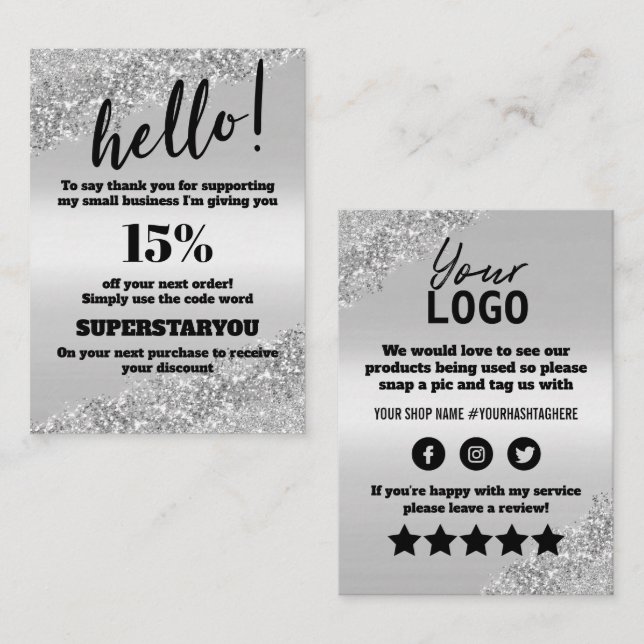 Inmatningskort för rabatt för Silver Glitter Tack Visitkort (Fram/baksida)