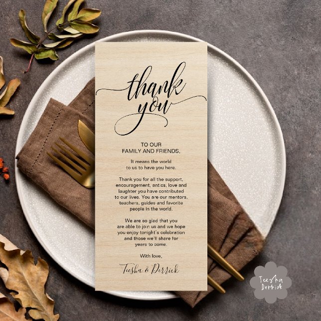 Inmatningskort för Rustic Bröllop Tack Ställe Program (Rustic Wedding Dinner Thank you Place Setting Card in cottage brown wood theme)