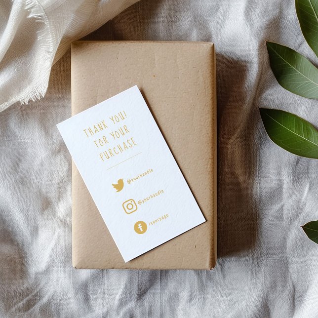 Inmatningskort för social, guld och vit ordning. tilläggskort (Gold on white fun text social media enclosure card to say thank you to your customers)