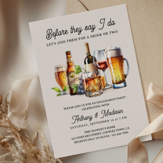 Innan de säger att jag är Vin Whiskey Förlovning Inbjudningar (Before they say I Do Beer and Wine Engagement Party Invitation)
