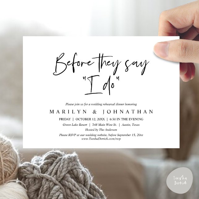Innan de säger "Ja", Bröllopsrepetition middag Inbjudningar (Before They Say "I Do", Wedding Rehearsal Dinner Party Invitation Card, PDF, White Black)