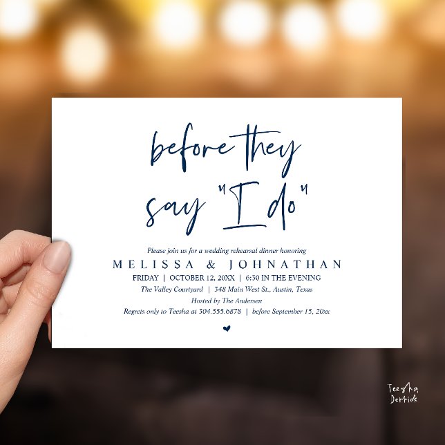 Innan de säger "Ja", Bröllopsrepetitionsmiddag Inbjudningar (Before They Say "I Do", Modern Wedding Rehearsal Dinner Invitation Card in navy blue)