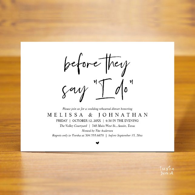 Innan de säger "Ja", Bröllopsrepetitionsmiddag Inbjudningar (Before They Say "I Do", Modern Wedding Rehearsal Dinner Invitation Card in black and white)