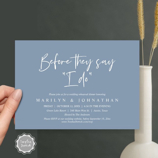 Innan de säger "jag gör", Bröllop Rehearsal Dinner Inbjudningar (Before They Say "I Do", Wedding Rehearsal Dinner Party Invitation Card, PDF, Dusty Blue)