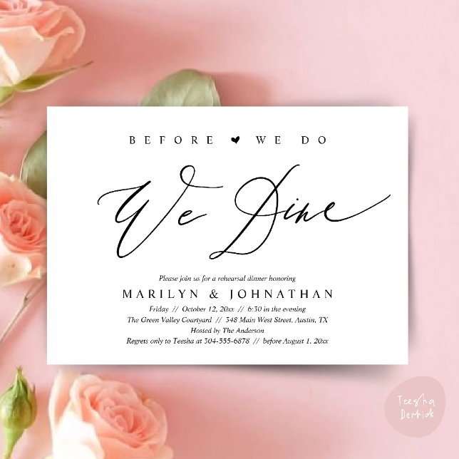 Innan vi gör det äter vi middag, Bröllop Rehearsal Inbjudningar (Before we do, we dine, Modern Wedding Rehearsal Romantic Dinner Invitation Card PDF Black White)