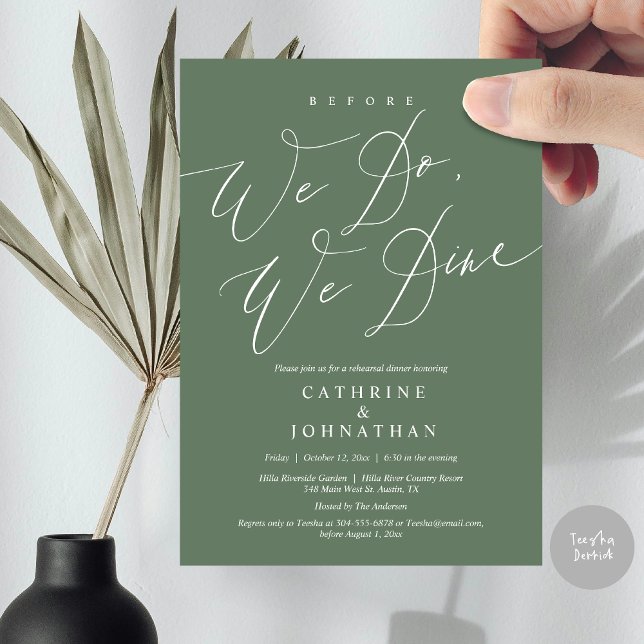 Innan vi gör det äter vi middag, Bröllop Rehearsal Inbjudningar (Before we do, we dine, modern romantic wedding rehearsal dinner invitation card, pdf, in sage green)