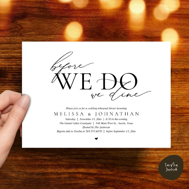 Innan vi gör det, äter vi middag, Bröllopsrepetiti Inbjudningar (Before We Do, We Dine, Wedding Rehearsal Dinner Invitation Card Black White)