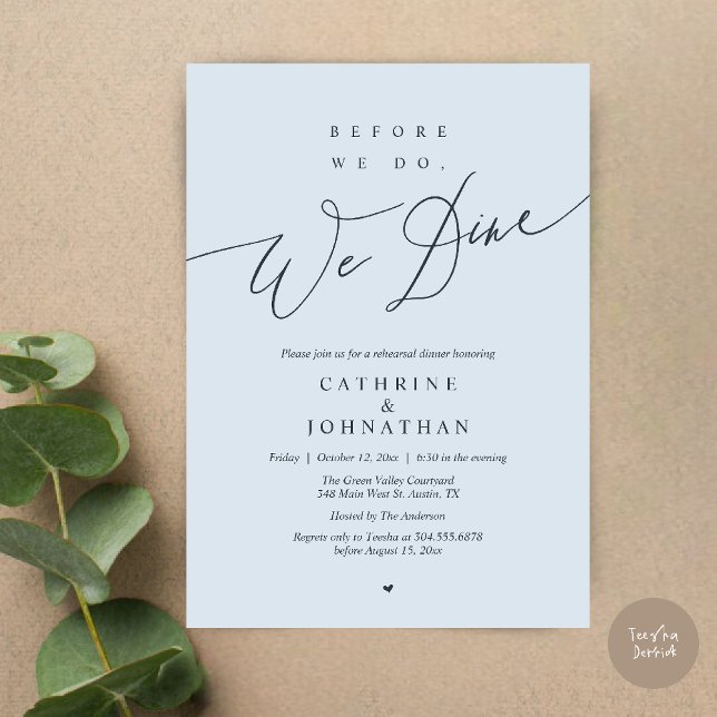 Innan vi gör det, äter vi middag, Misty Blue Rehea Inbjudningar (Before we do, we dine, Modern Elegant Romantic Rehearsal Dinner Invitation Card in Misty Blue)
