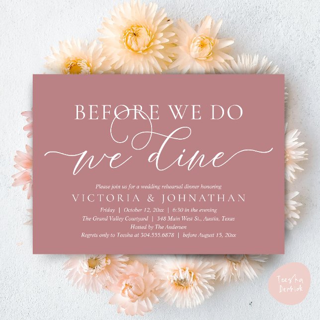 Innan vi gör det ska vi äta middag, Bröllop-middag Inbjudningar (Before We Do, We Dine,  Wedding Rehearsal Dinner Party Classy Romantic Invites Card PDF Dusty Rose)