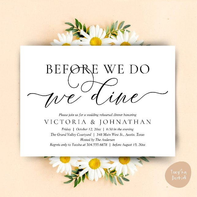 Innan vi gör det ska vi äta middag, Bröllop-middag Inbjudningar (Before We Do, We Dine,  Wedding Rehearsal Dinner Party Classy Romantic Invites Card PDF White Black)