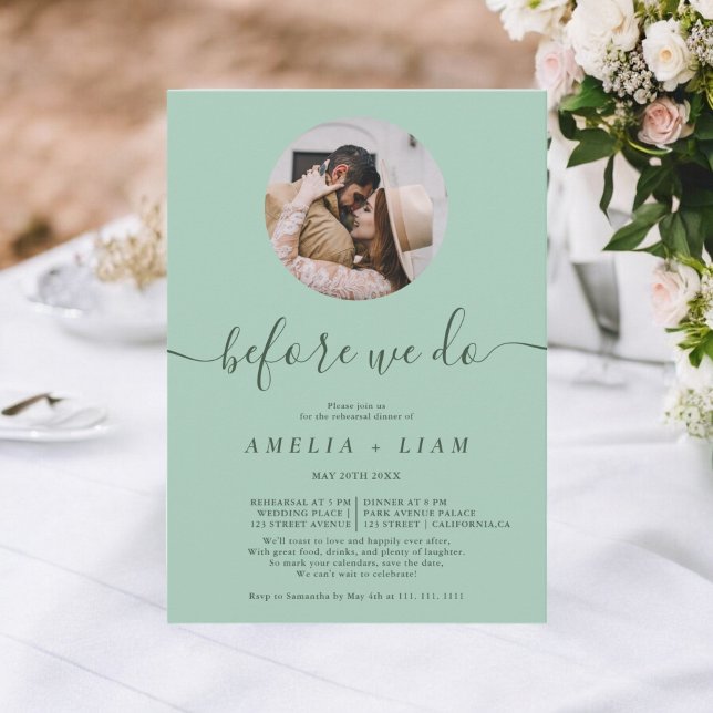 Innan vi gör en grönt för att ångra måltiden inbjudningar (Before we do photo sage green rehearsal dinner invitation)