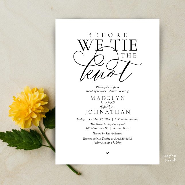 "Innan vi knyter knuten", Bröllopsrepetitionsmidda Inbjudningar ("Before we tie the knot", Modern Romantic Wedding Rehearsal Dinner Invites Card in black and white)