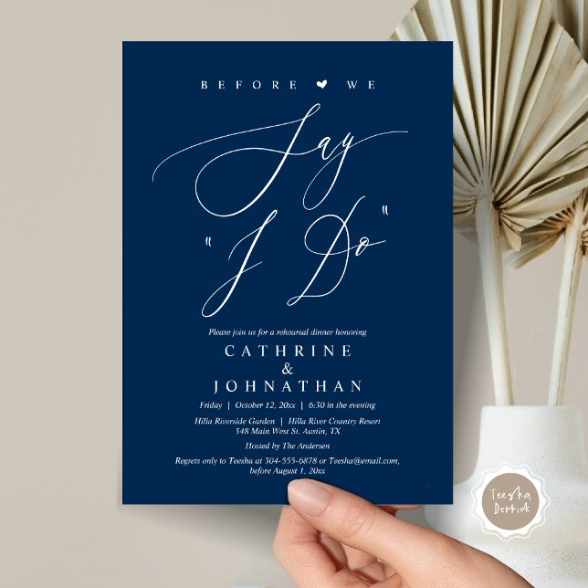 Innan vi säger "jag gör", Bröllop Rehearsal Dinner Inbjudningar (Before We Say "I Do", Wedding Rehearsal Dinner Invitation Card, Digital PDF JPG, in Navy Blue)