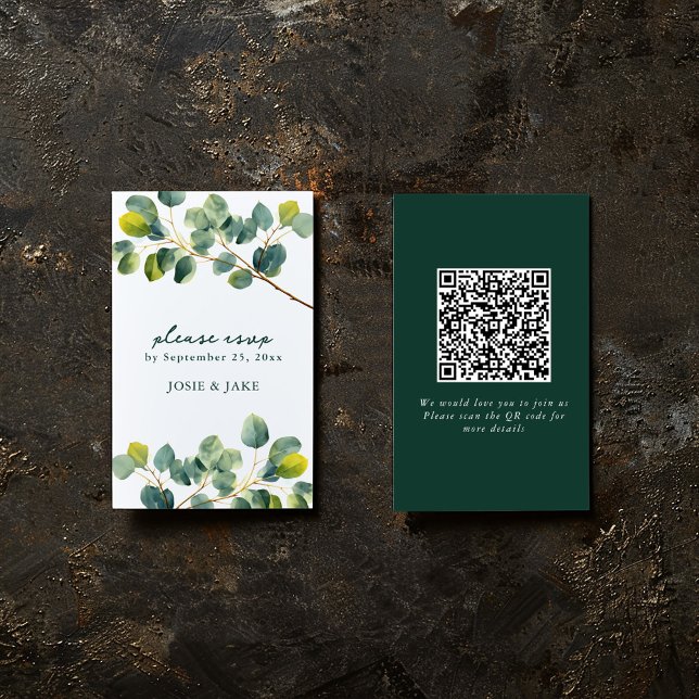 Inneslutning av Eucalyptus gren qr-bröllop OSA Tilläggskort (Modern eucalyptus leaf design on perfect for conveying a natural, fresh feel to your event.)