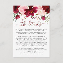 Inneslutning för Burgundy Rosa Blommigt Bröllop Tilläggskort