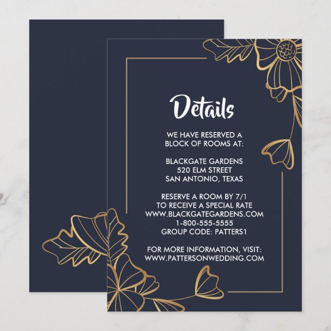 Inneslutning för marin och gyllene blommigt inbjudningar (Fram/baksida)