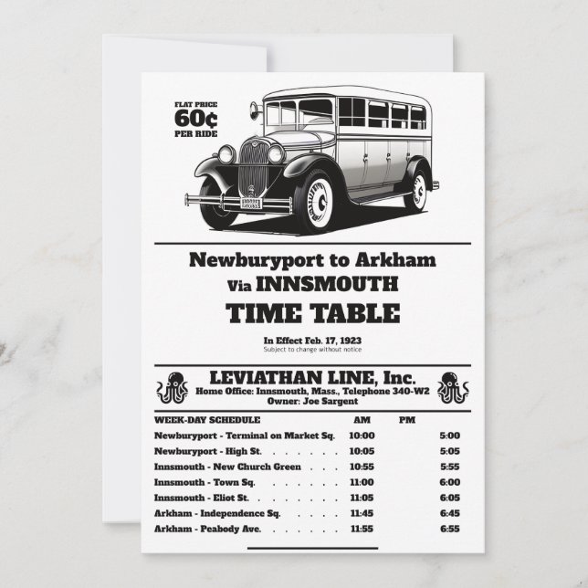 Innsmouth Buss Schedule Joe Sargent Inbjudningar (Framsida)