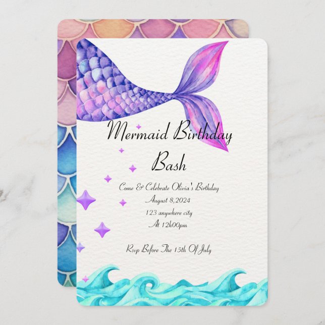 INOM RAMEN FÖR HAVSBIRTHDAY-INBJUDANDET FÖR FLICKO INBJUDNINGAR (Fram/baksida)