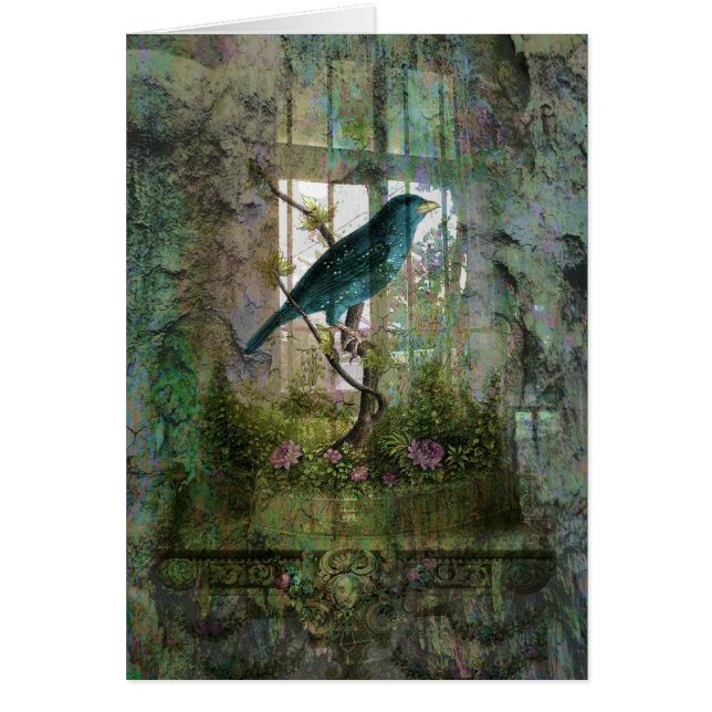 Inomhus trädgård med fågeln hälsningskort (Framsidan)