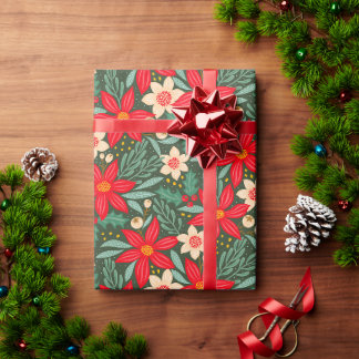 Inpackningspapper för jul med röd poinsettia. presentpapper