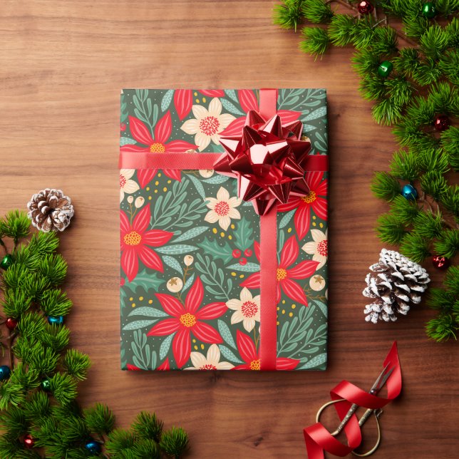 Inpackningspapper för jul med röd poinsettia. presentpapper (Julgåva)