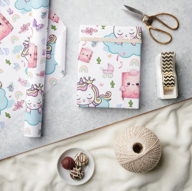 Inpackningspapper Rosa Blå Bebis Enhörning Katt Re Presentpapper (Hantverk)