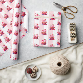 Inpackningspapper Rosa & Vit Randiga Rosa Cupcakes Presentpapper
