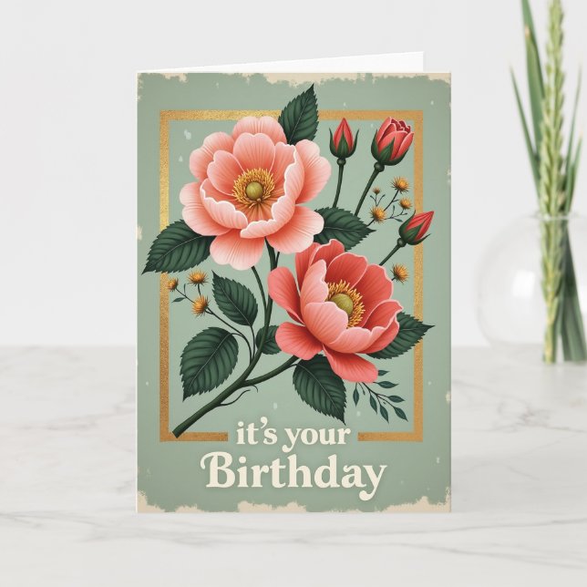 Inramad blomsterfödelsedagskort kort (Framsida)