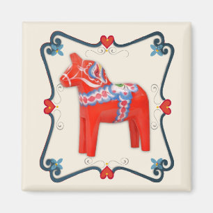 Inramad Folk konst för svensk Dala häst Magnet
